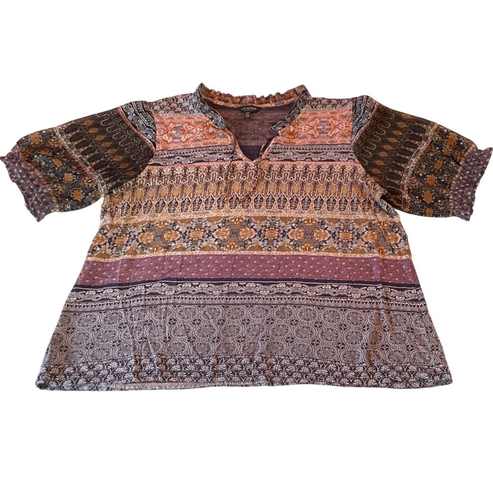 Lucky Brand Boho Patchwork Print Peasant Blouse Top L Multicolor Cotton Blend